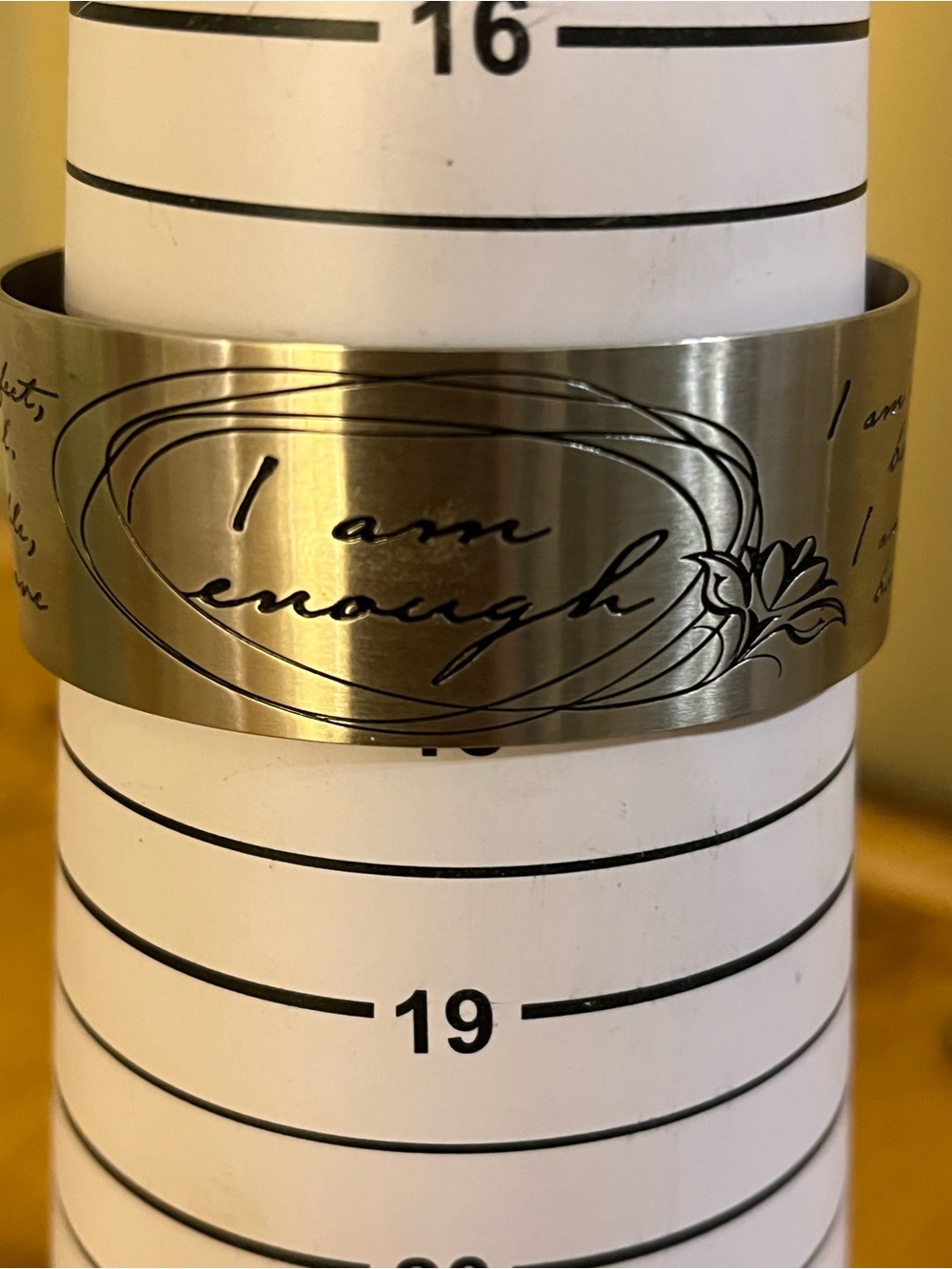 Vera Viva cuff bracelet silver tone with saying “I am enough” engraved roses 7”